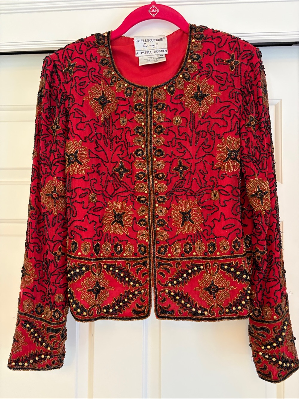 Papell Boutique Red Beaded Embellished Jacket with Gold Accents